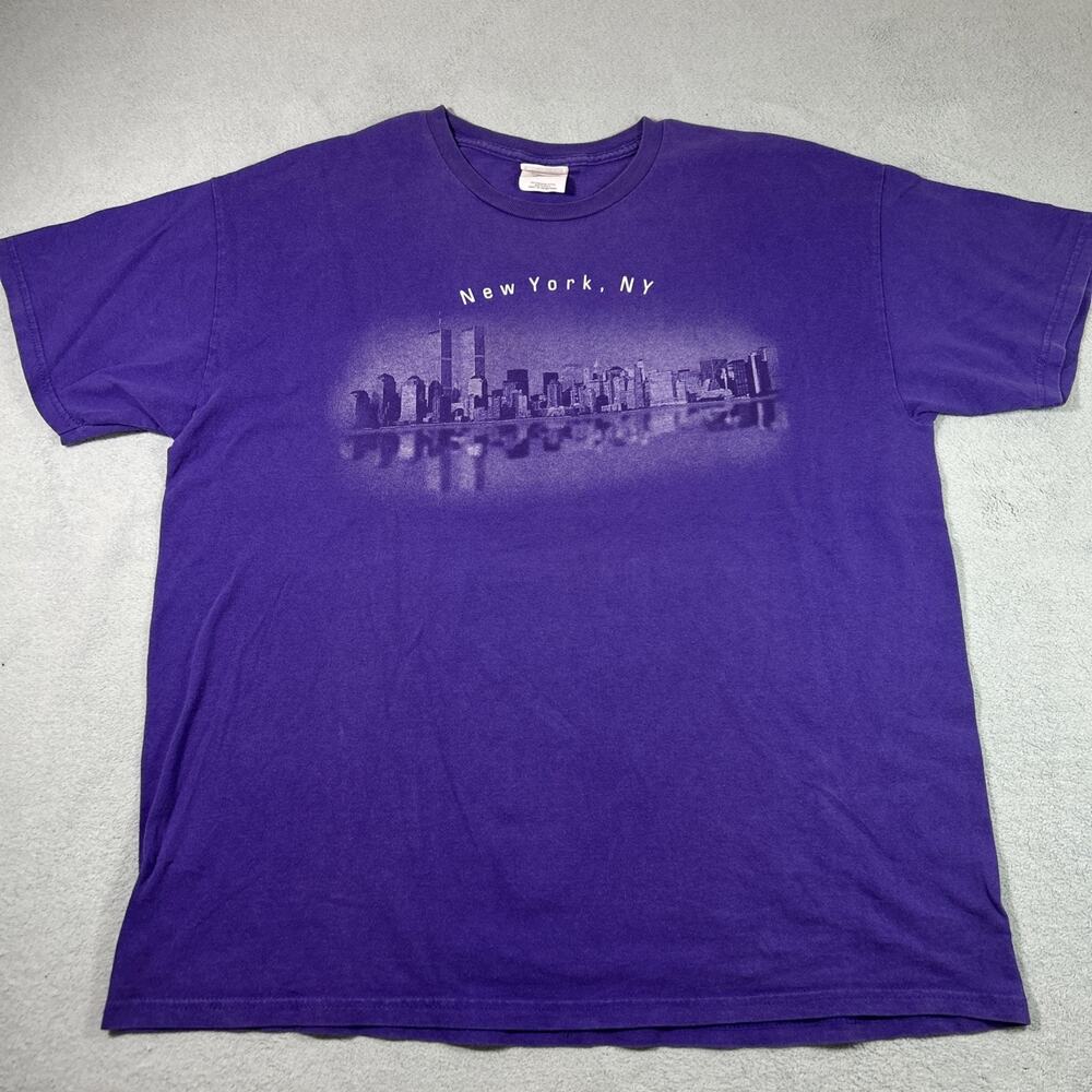 Vintage 90s New York Ocean City View Twin Towers Shirt Mens XL Purple NYC Y2k